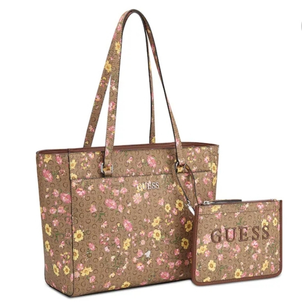 New GUESS Brown Floral Tote and Hand Bag Set